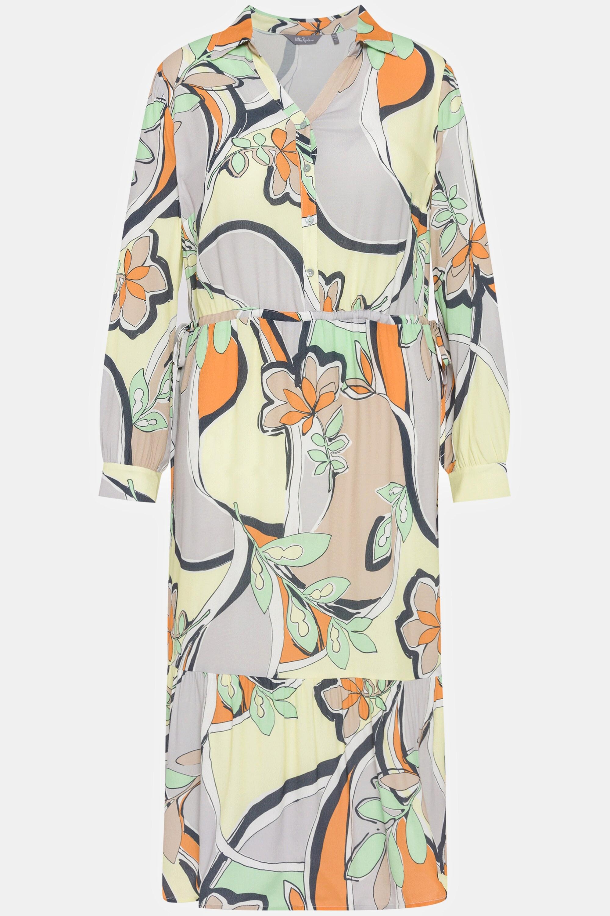 Ulla Popken Abito Fantasia Floreale Grafica Collo Camicia Maniche Lunghe  