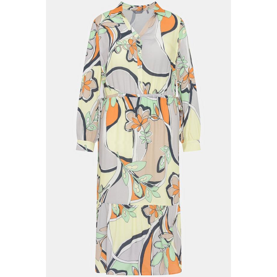 Ulla Popken Robe Motif Floral Graphique Col Chemise Manches Longues  