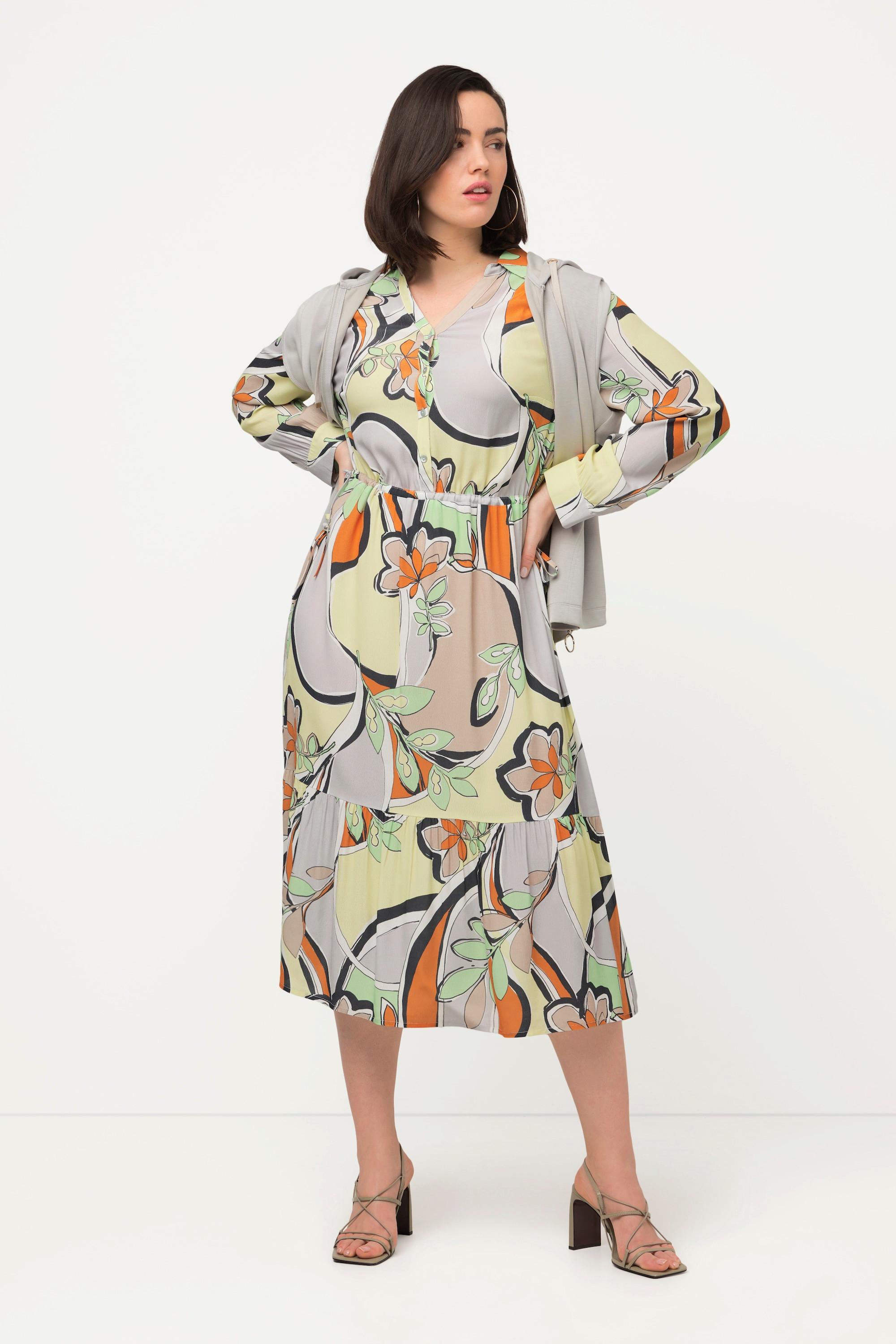 Ulla Popken Abito Fantasia Floreale Grafica Collo Camicia Maniche Lunghe  