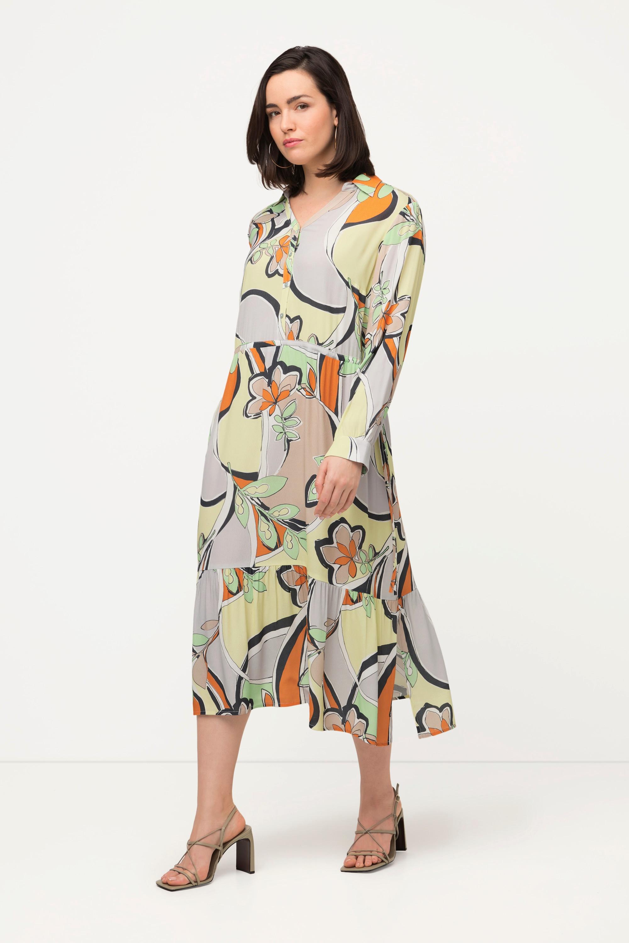 Ulla Popken Abito Fantasia Floreale Grafica Collo Camicia Maniche Lunghe  