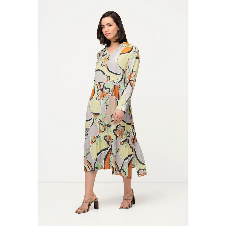 Ulla Popken Robe Motif Floral Graphique Col Chemise Manches Longues  