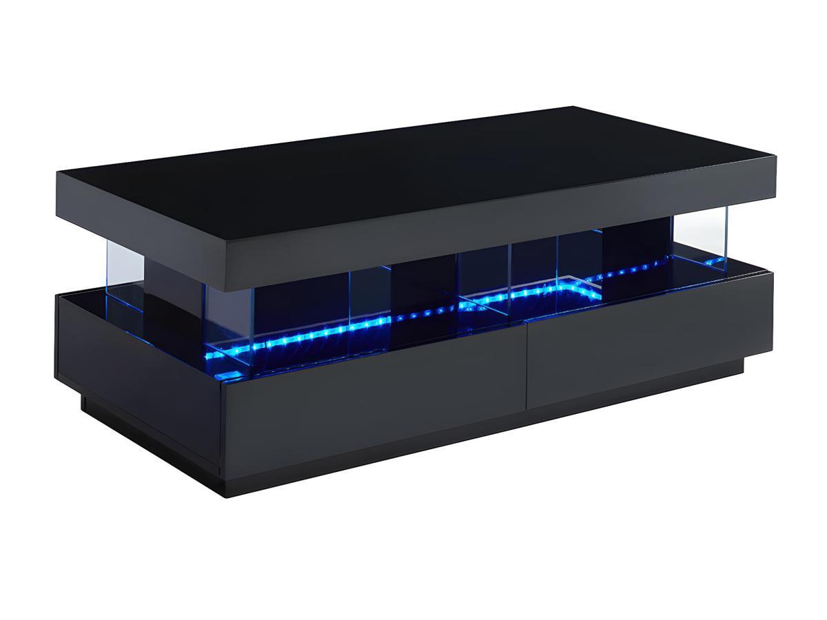 Vente-unique Table basse 2 tiroirs et 2 niches avec LEDs - MDF et verre trempé - Noir laqué - FABIO II  