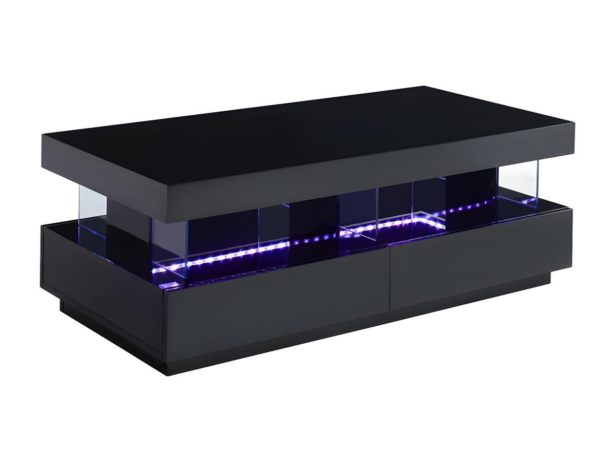 Vente-unique Table basse 2 tiroirs et 2 niches avec LEDs - MDF et verre trempé - Noir laqué - FABIO II  