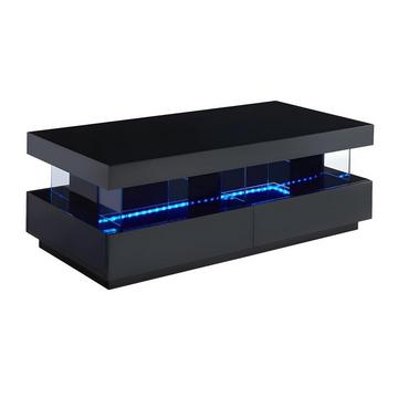 Table basse 2 tiroirs et 2 niches avec LEDs - MDF et verre trempé - Noir laqué - FABIO II