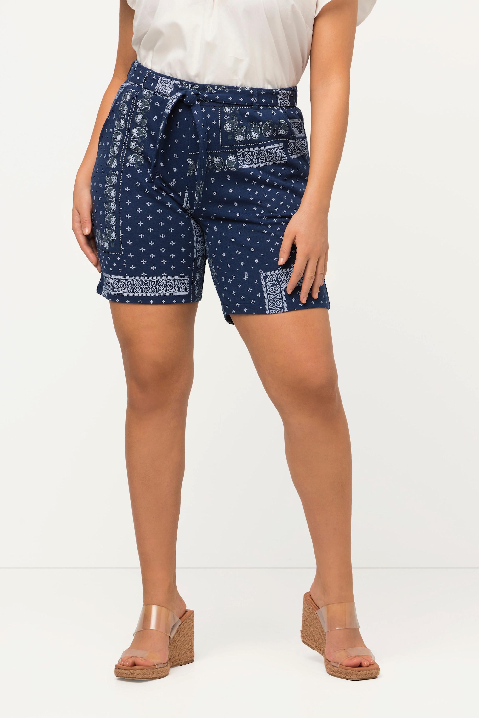 Ulla Popken Rose Vintage-Druck Sweatshorts Elastikbund Bindegürtel  