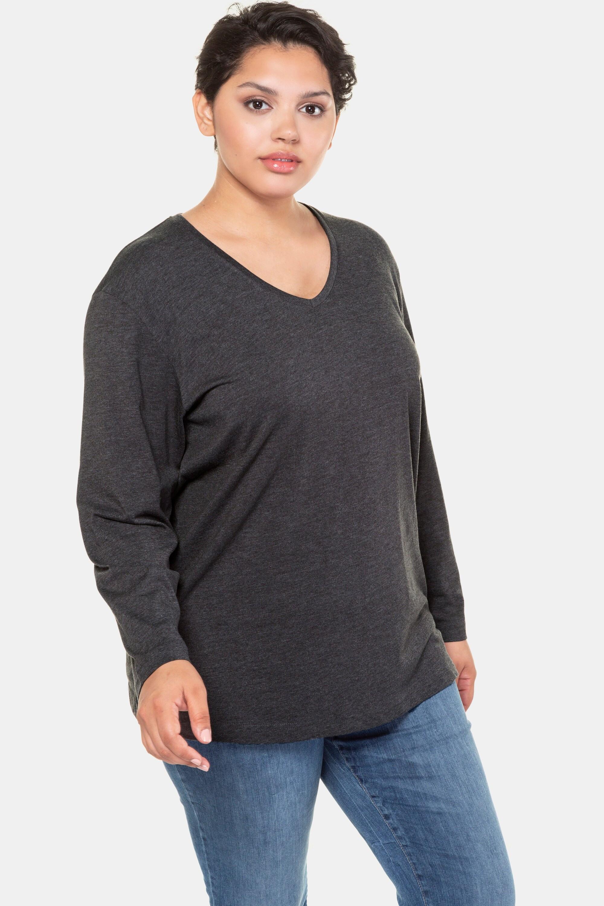 Ulla Popken  T-shirt coupe Relaxed Fit, col en V et manches longues 