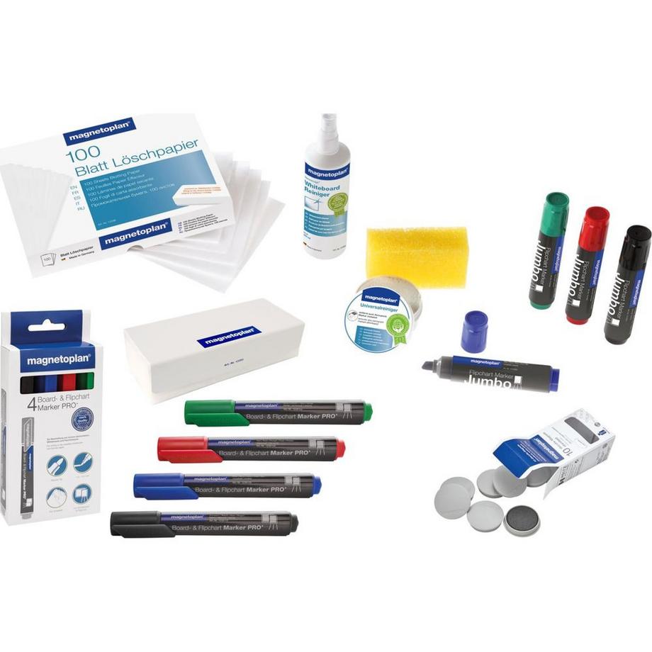 magnetoplan  Set di accessori per lavagna bianca, LARGE, pennarelli, calamite, detergente. 