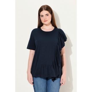 Ulla Popken  T-shirt in cotone biologico con volant, scollo a girocollo e mezze maniche 