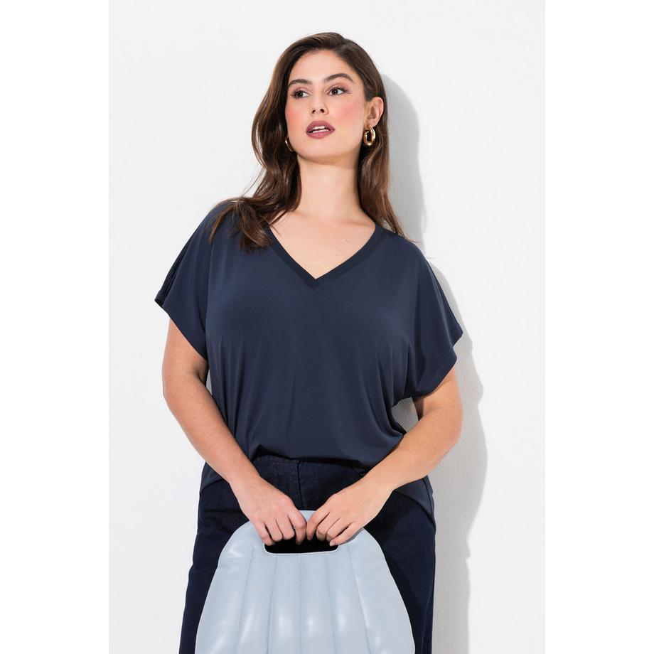 Ulla Popken Oversized Glitzer V-Ausschnitt Halbarm T-Shirt  