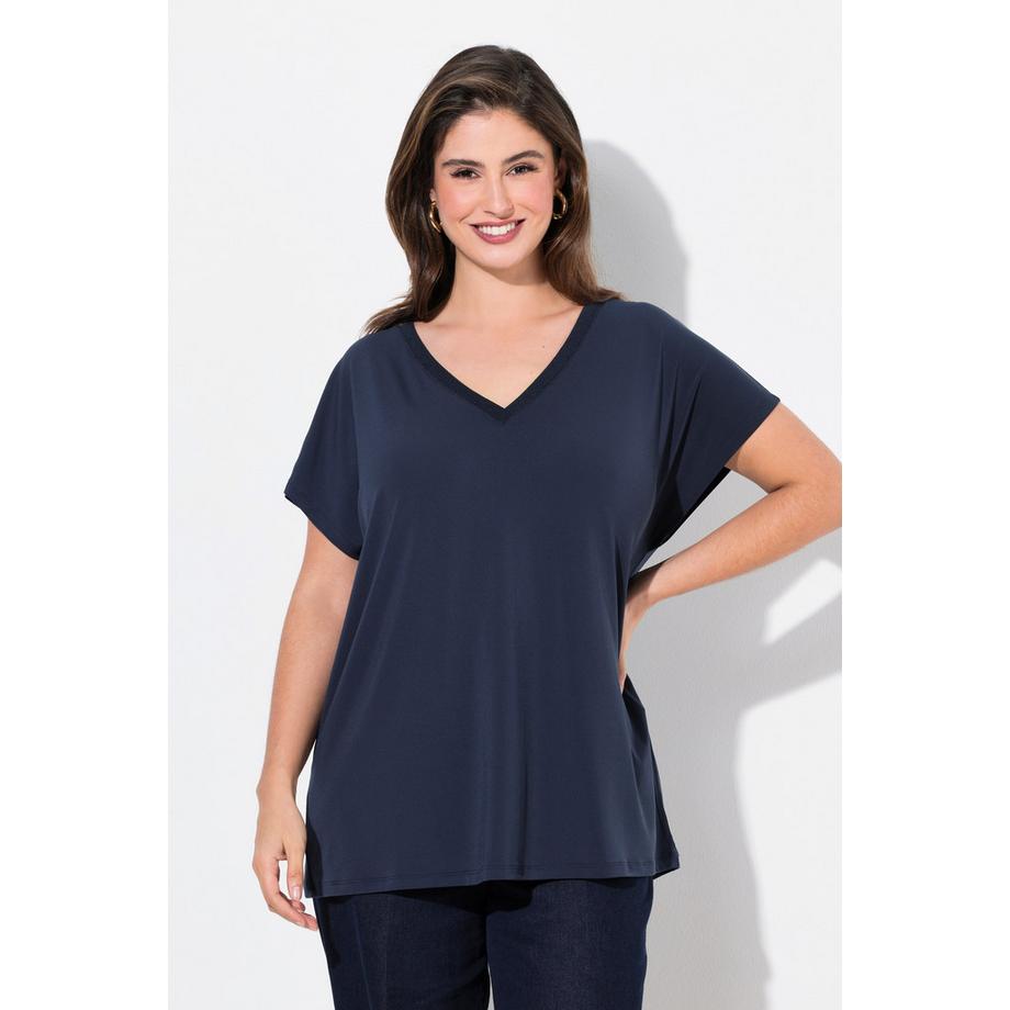 Ulla Popken Oversized Glitzer V-Ausschnitt Halbarm T-Shirt  