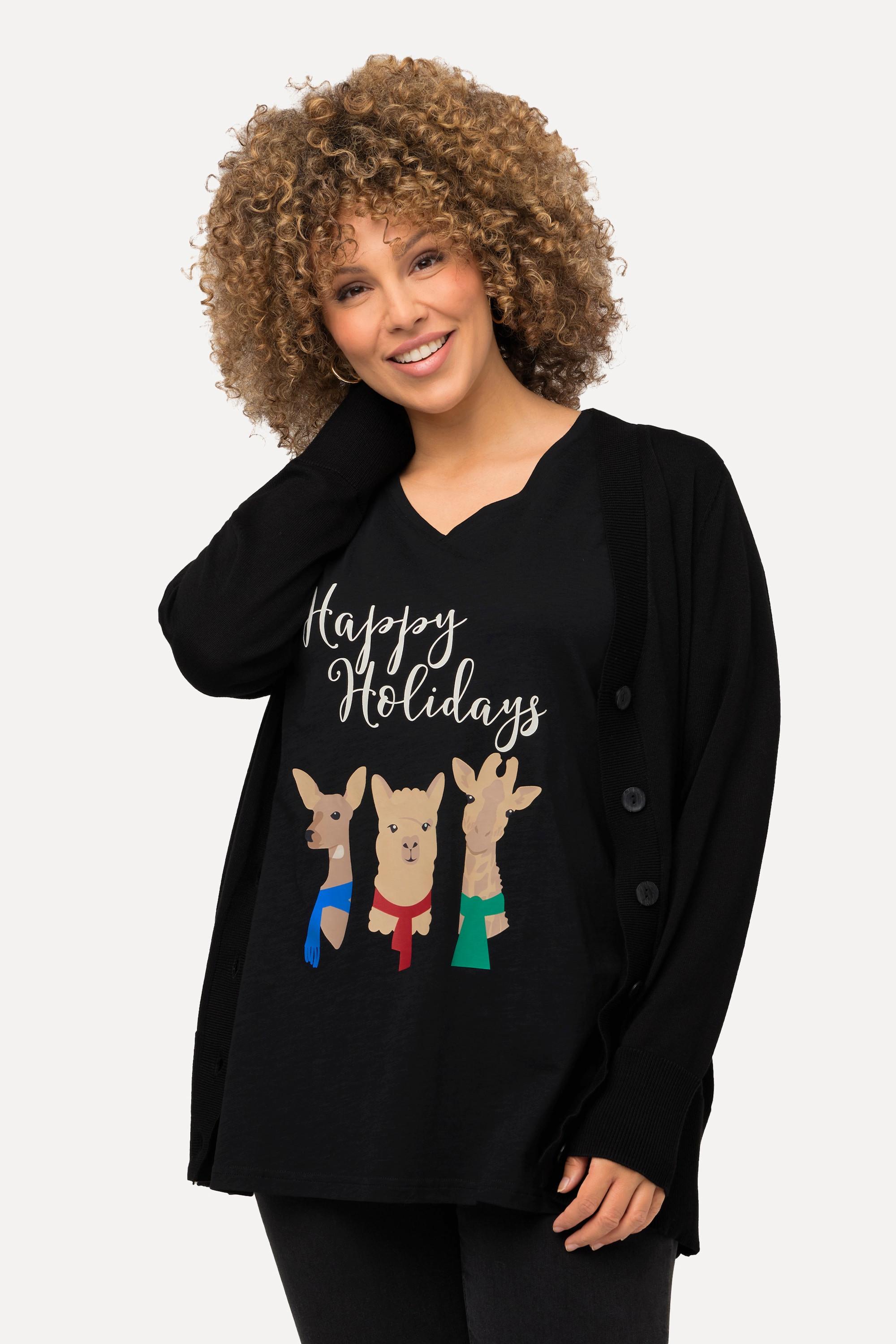 Ulla Popken  Weihnachts-Shirt, Tiere, A-Linie, V-Ausschnitt, Halbarm 