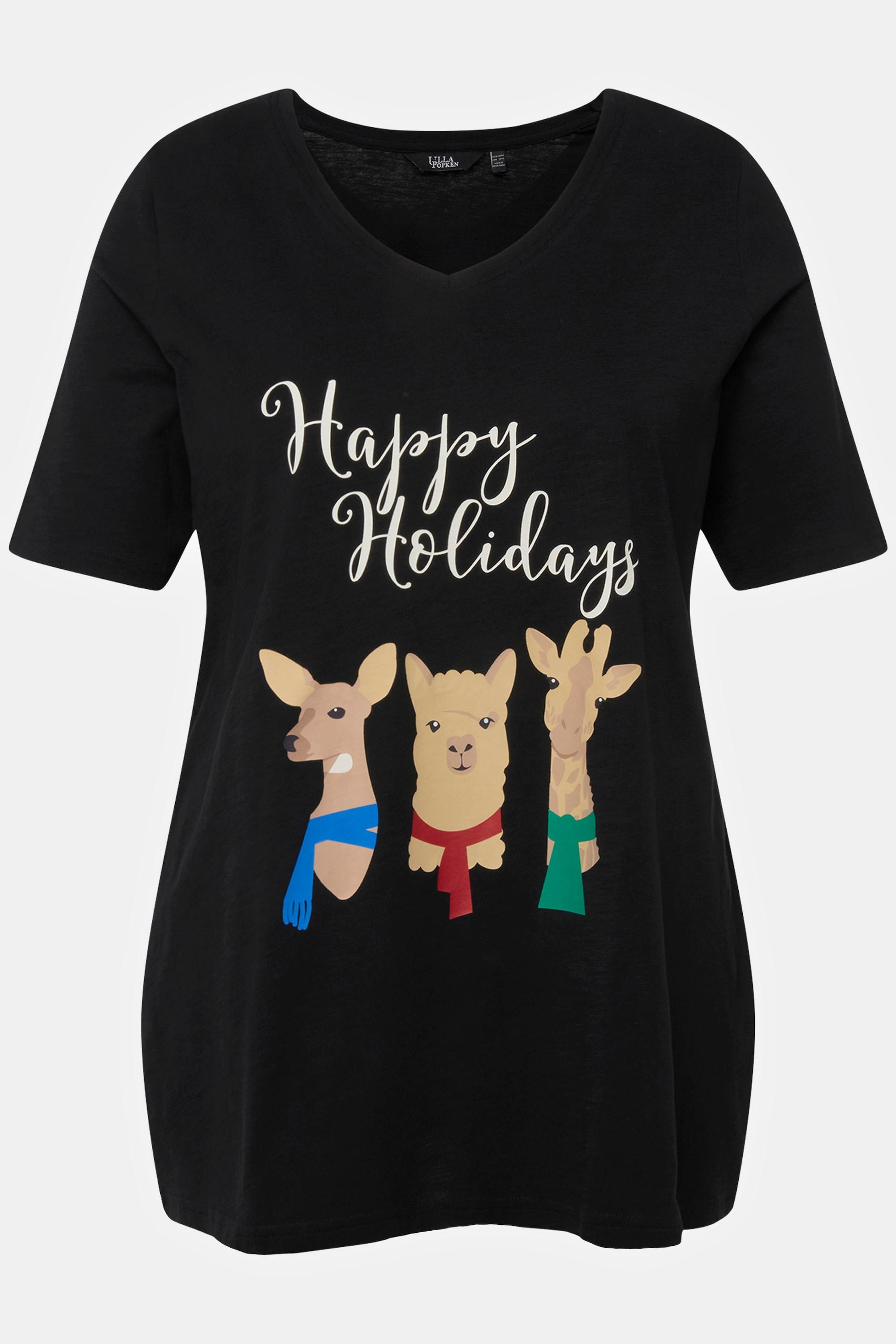 Ulla Popken  Weihnachts-Shirt, Tiere, A-Linie, V-Ausschnitt, Halbarm 