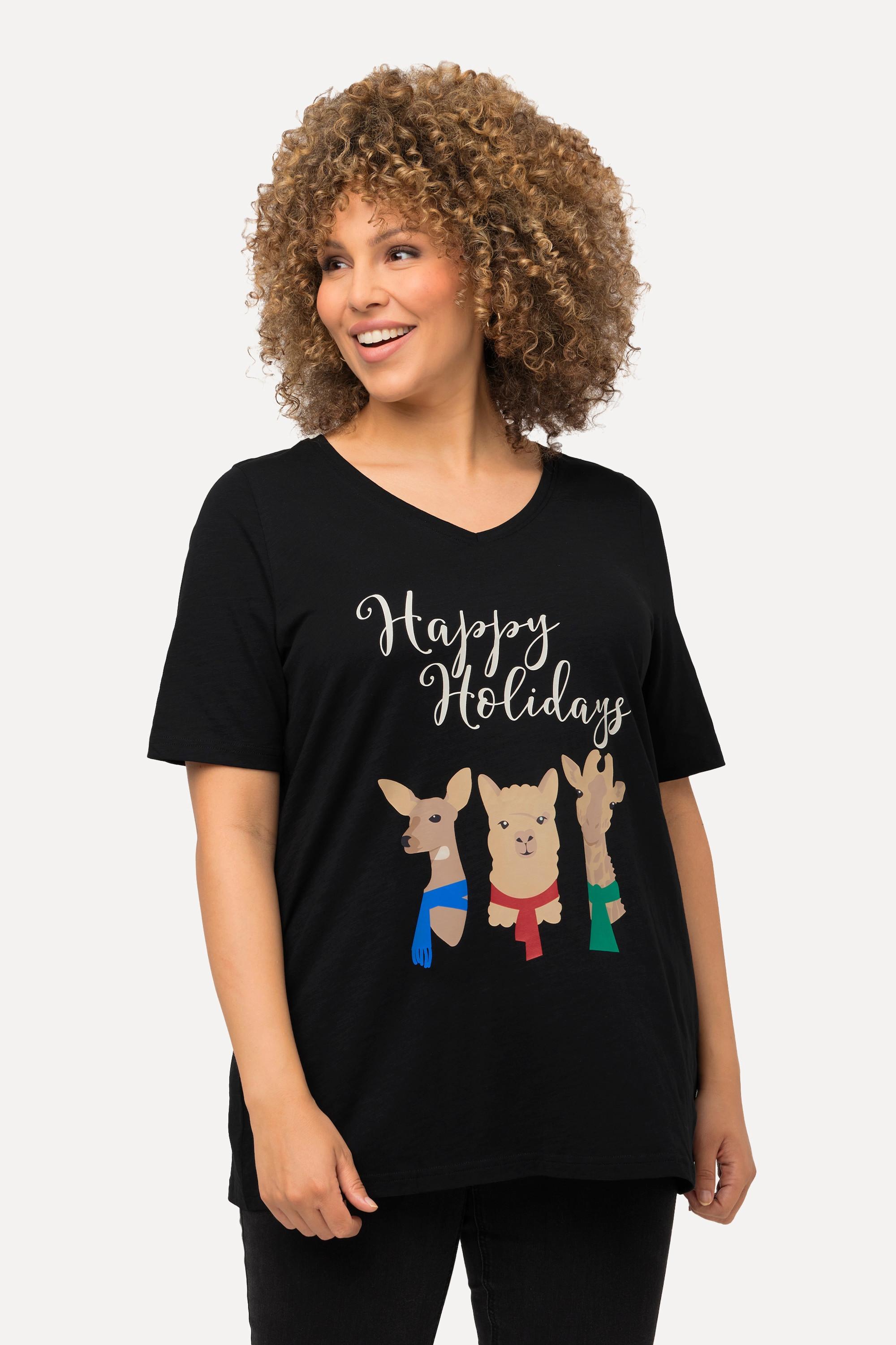 Ulla Popken  Weihnachts-Shirt, Tiere, A-Linie, V-Ausschnitt, Halbarm 