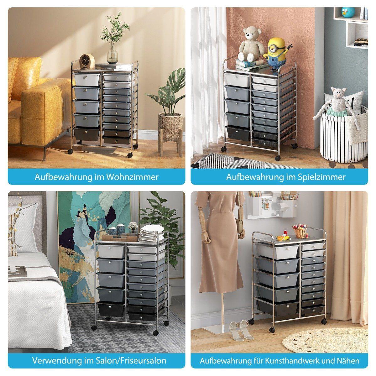 B2X Rollwagen mit 15 stapelbaren Schubladen Rollcontainer Beistellwagen mit 15 Schubladen Silber 62,5 x 37 x 87 cm  