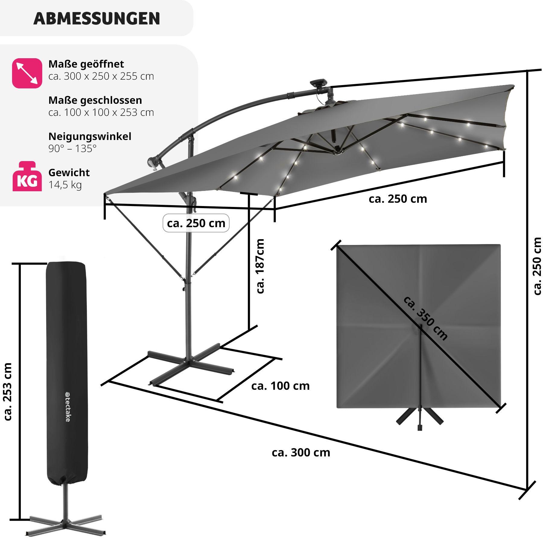 Tectake Parasol à LED solaire Sunna avec manivelle 2,5 x 2,5 m  