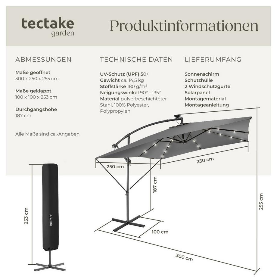 Tectake Ombrellone  Sunna  250 x 250 cm con illuminazione LED ad energia solare  