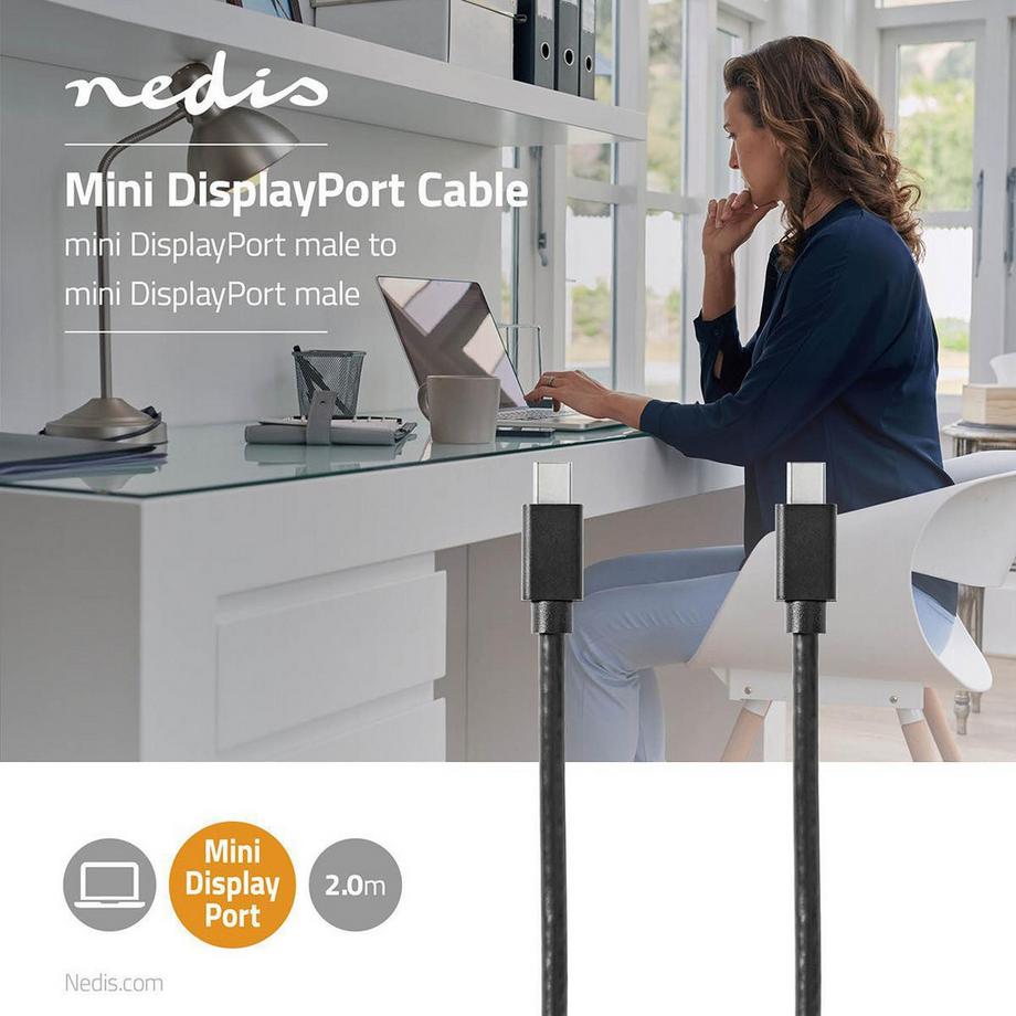 Nedis  Câble mini DisplayPort | DisplayPort 1.4 | Mini DisplayPort Hane | Mini DisplayPort Hane | 48 Gbps | Nickelplaterad | 2.00 m | Rond | PVC | Svart | Blister 