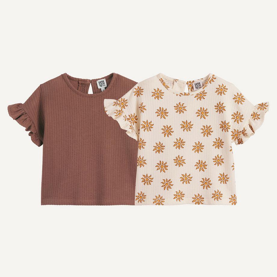 2er-Set Kurzarm-T-Shirts uni + Blumenprint