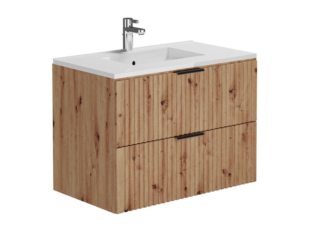 Vente-unique Mobile per bagno sospeso con scanalature e lavabo da incasso e colonna 80 cm Naturale chiaro - ZEVARA  