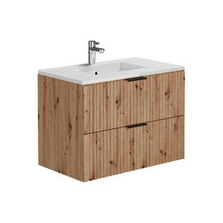 Vente-unique Mobile per bagno sospeso con scanalature e lavabo da incasso e colonna 80 cm Naturale chiaro - ZEVARA  
