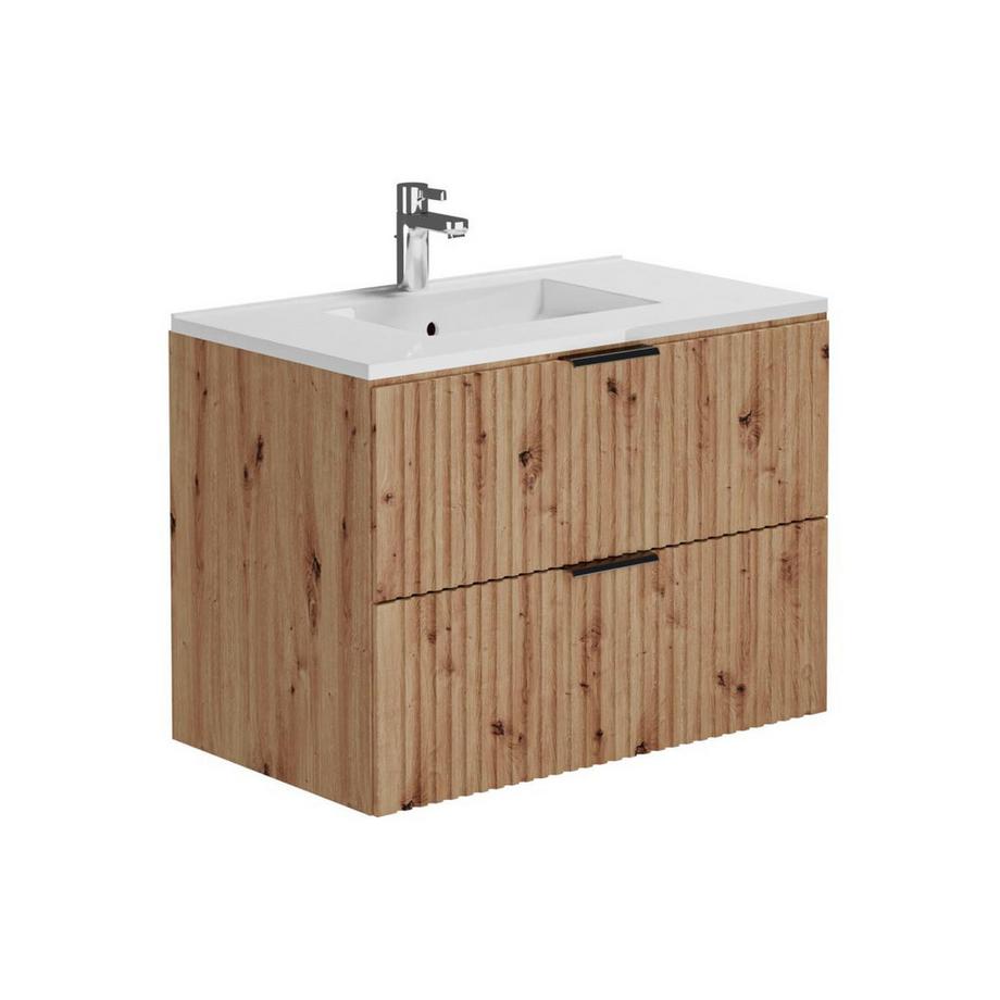 Vente-unique Mobile per bagno sospeso con scanalature e lavabo da incasso e colonna 80 cm Naturale chiaro - ZEVARA  