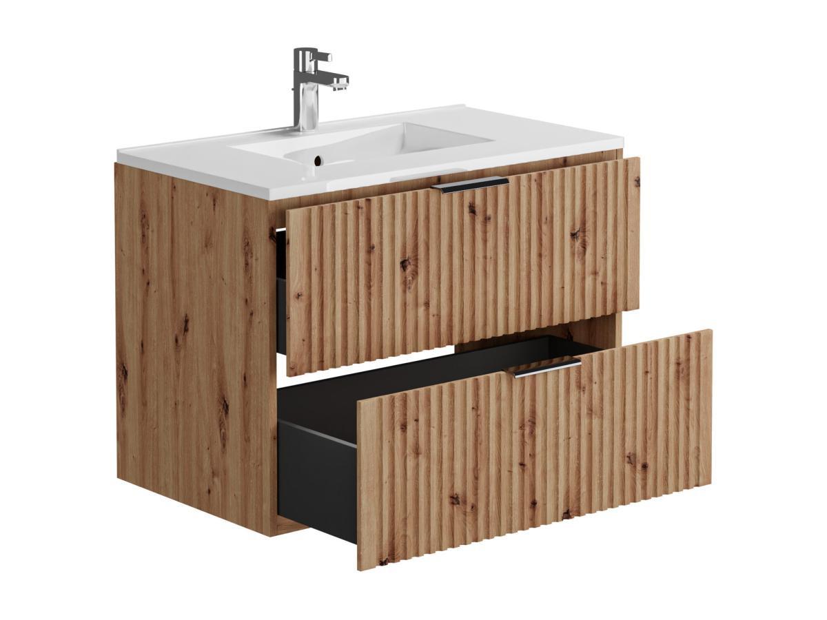 Vente-unique Mobile per bagno sospeso con scanalature e lavabo da incasso e colonna 80 cm Naturale chiaro - ZEVARA  