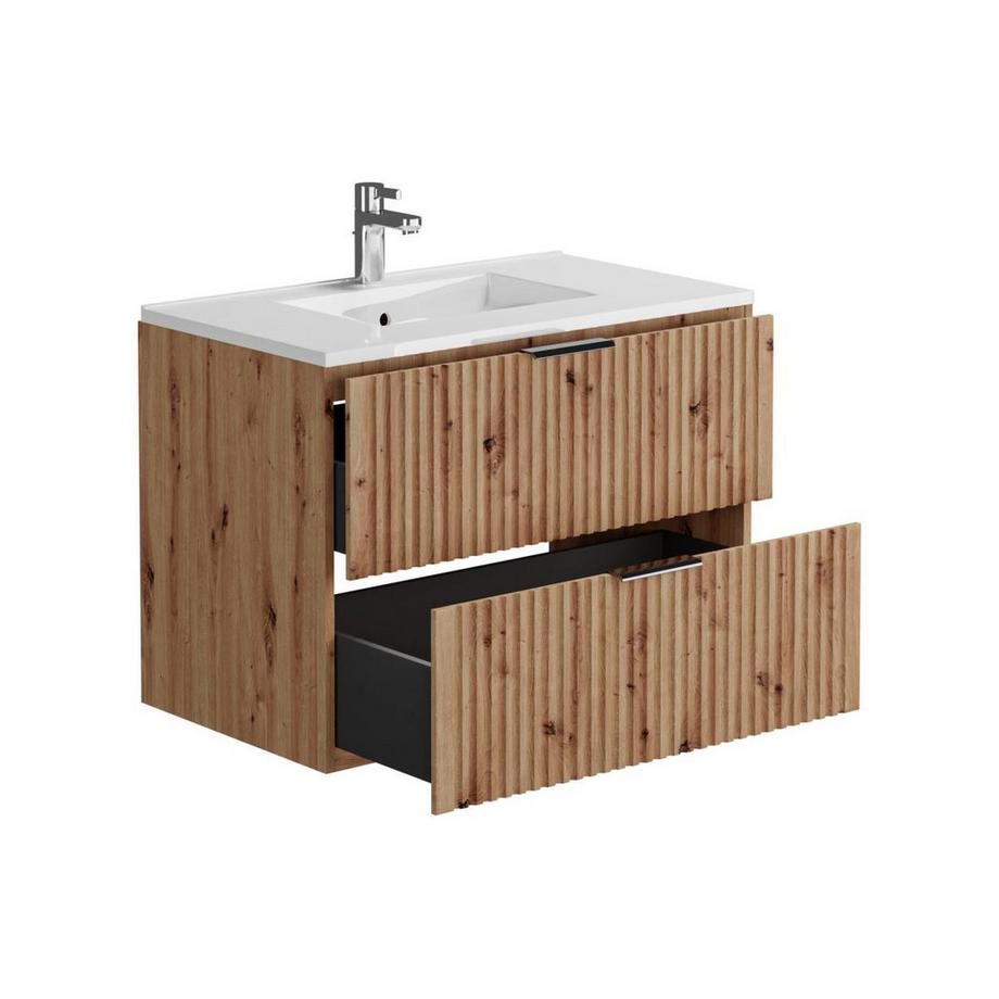 Vente-unique Mobile per bagno sospeso con scanalature e lavabo da incasso e colonna 80 cm Naturale chiaro - ZEVARA  