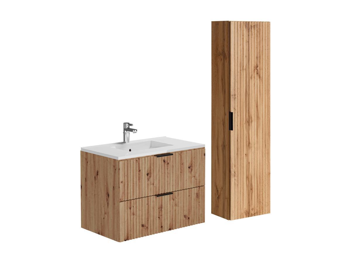 Vente-unique Mobile per bagno sospeso con scanalature e lavabo da incasso e colonna 80 cm Naturale chiaro - ZEVARA  