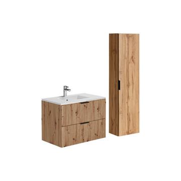 Waschbeckenunterschrank hängend mit Einbauwaschbecken & Badhochschrank - Streifenoptik - Holzfarben hell - 80 cm - ZEVARA