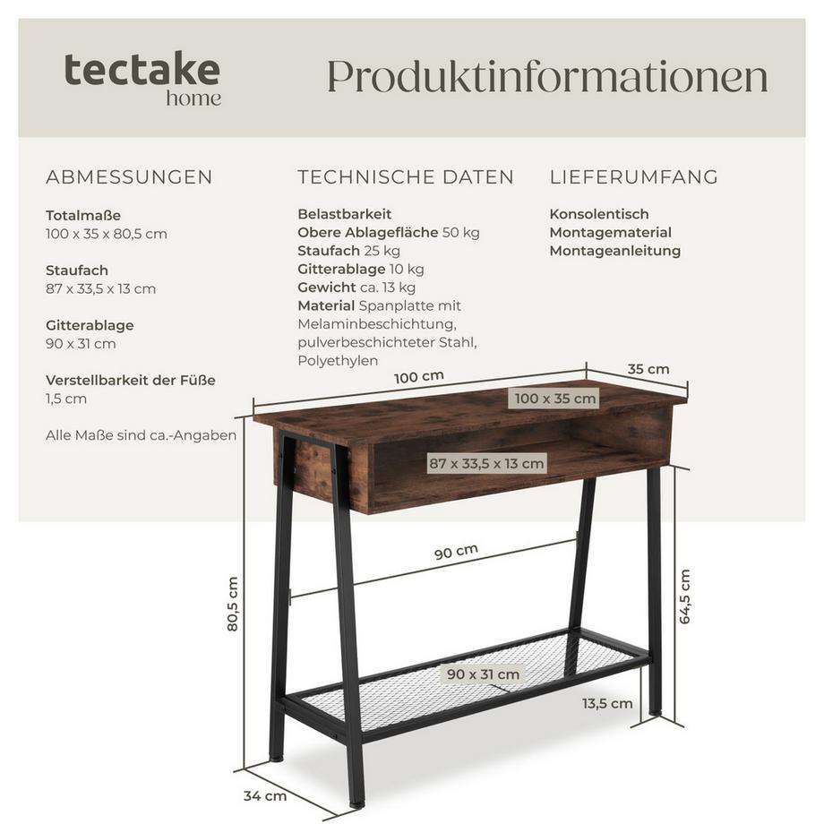 Tectake Tavolo console Tralee stile industriale  