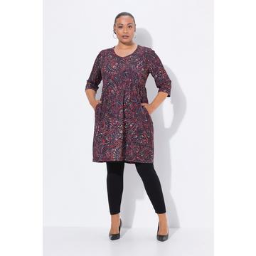 T-shirt long motif cachemire, décolleté en V et manches 3/4, coupe évasée