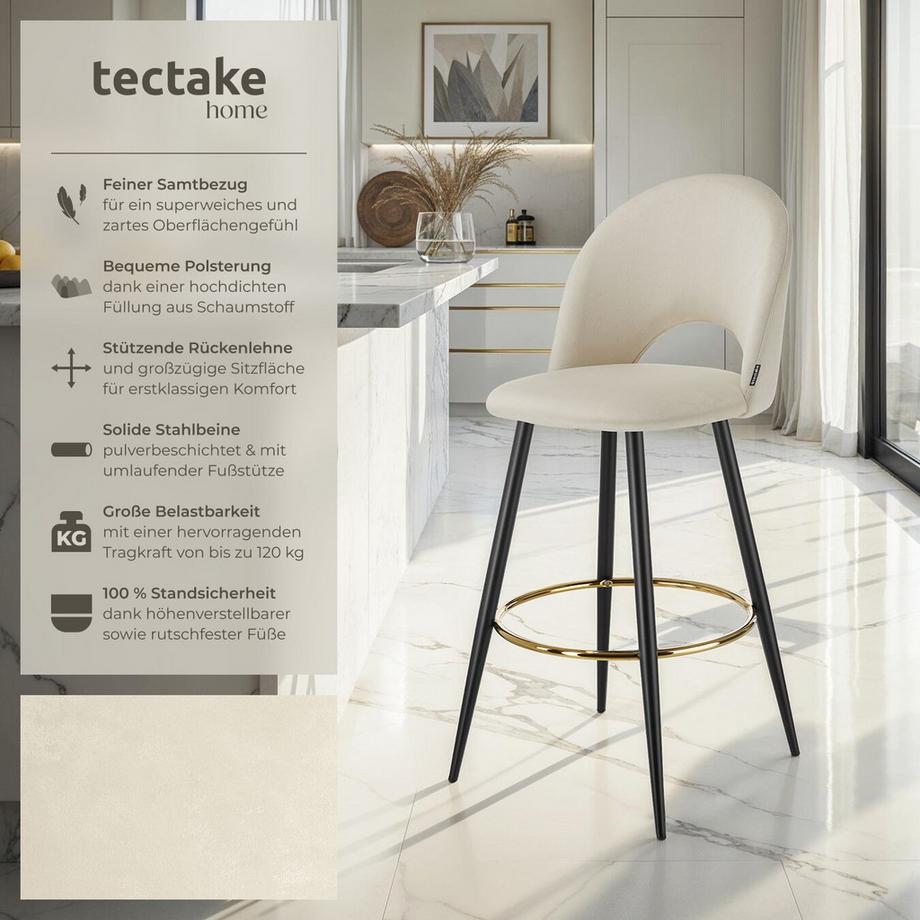 Tectake Barstuhl Sachel in Samtoptik, gepolstert höhenverstellbare Kunststofffüße  