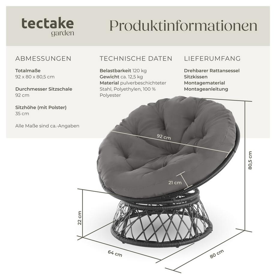 Tectake Fauteuil de jardin en rotin GARGANO rotatif  