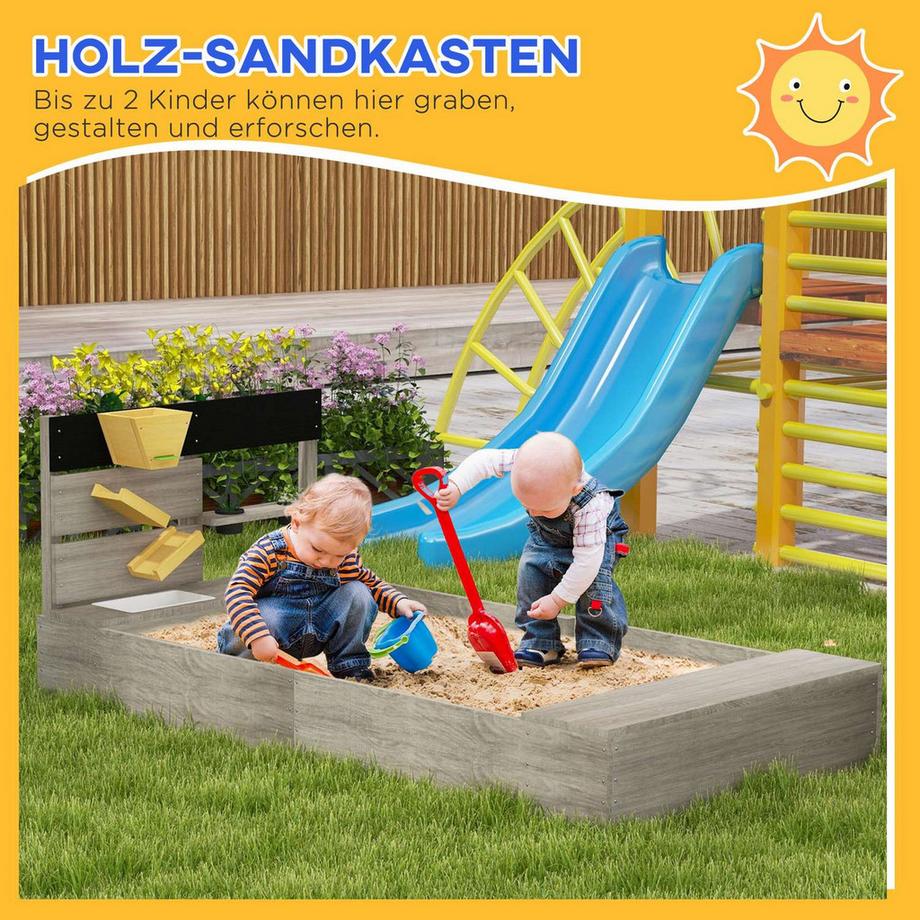 Northio  Sandkasten mit Küchenelementen Holz Sandbox, Bodenloses Design, für 3-7 Jahre, Garten, Grau, 154x80x60cm 