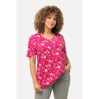 Ulla Popken  T-shirt dal taglio svasato con fiori, scollatura a V e mezze maniche 