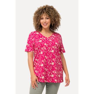 Ulla Popken  T-shirt dal taglio svasato con fiori, scollatura a V e mezze maniche 