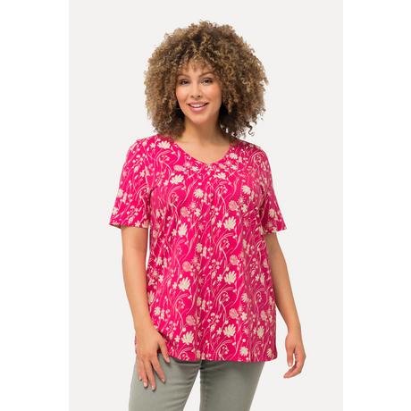 Ulla Popken  T-shirt dal taglio svasato con fiori, scollatura a V e mezze maniche 