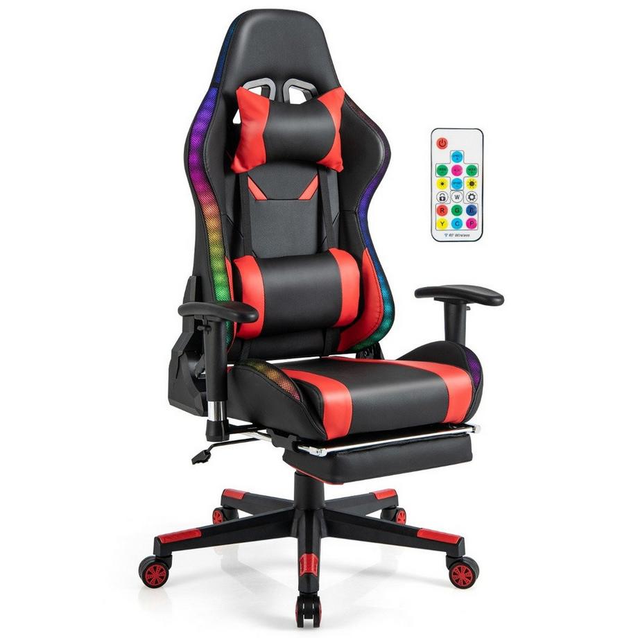 B2X  Gaming Stuhl mit RGB-LED-Leuchten & Einziehbarer Fußstütze Ergonomischer Bürostuhl Rot 