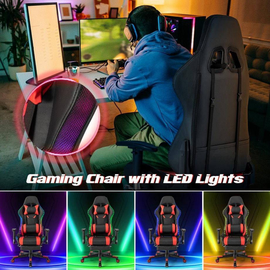B2X  Gaming Stuhl mit RGB-LED-Leuchten & Einziehbarer Fußstütze Ergonomischer Bürostuhl Rot 