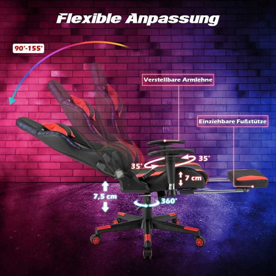 B2X  Gaming Stuhl mit RGB-LED-Leuchten & Einziehbarer Fußstütze Ergonomischer Bürostuhl Rot 