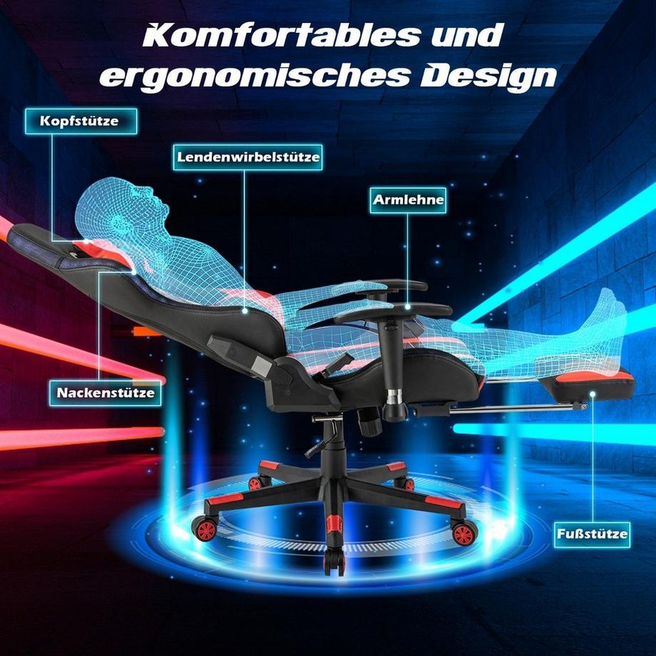 B2X  Gaming Stuhl mit RGB-LED-Leuchten & Einziehbarer Fußstütze Ergonomischer Bürostuhl Rot 