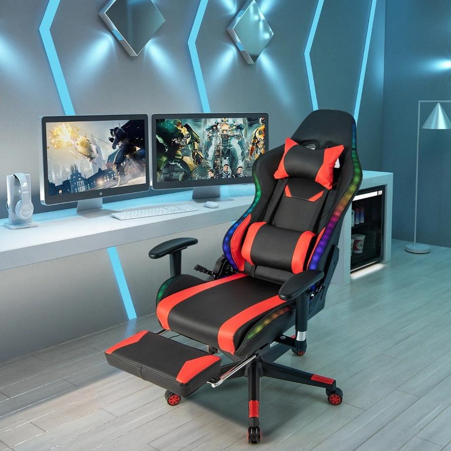 B2X  Gaming Stuhl mit RGB-LED-Leuchten & Einziehbarer Fußstütze Ergonomischer Bürostuhl Rot 