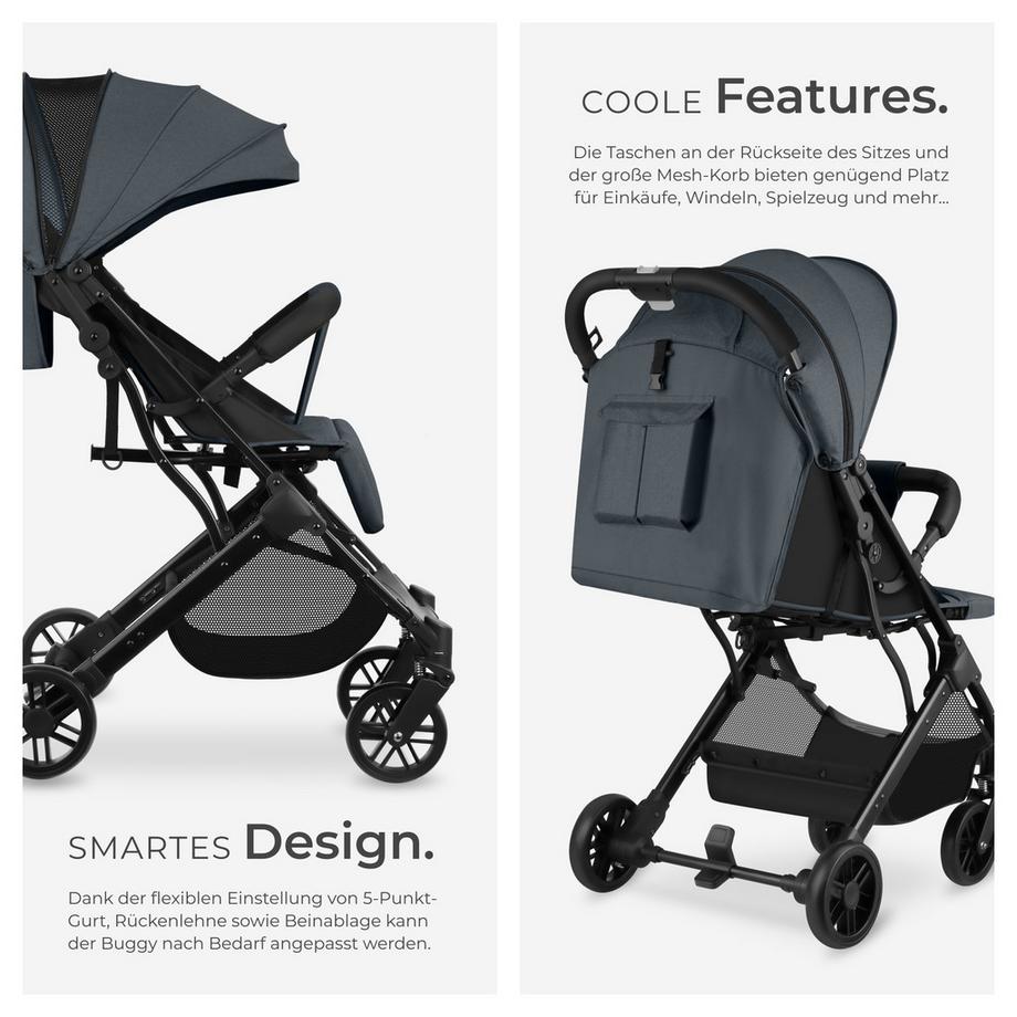 Tectake  Passeggino buggy Finn Con meccanismo di chiusura a una mano, cintura a 5 punti, freno di stazionamento, barra di protezione 