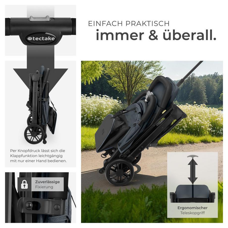 Tectake  Poussette buggy FINN pliage à une main avec harnais à 5 points, frein de stationnement et arceau de sécurité 