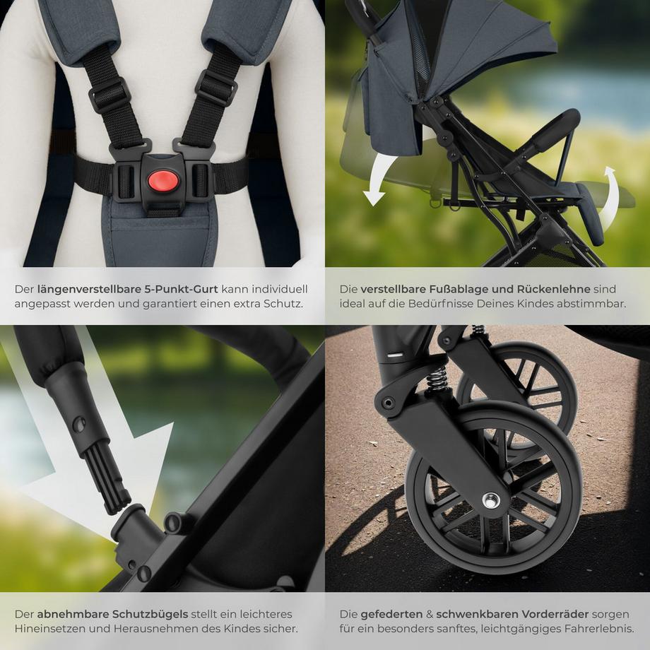 Tectake  Poussette buggy FINN pliage à une main avec harnais à 5 points, frein de stationnement et arceau de sécurité 