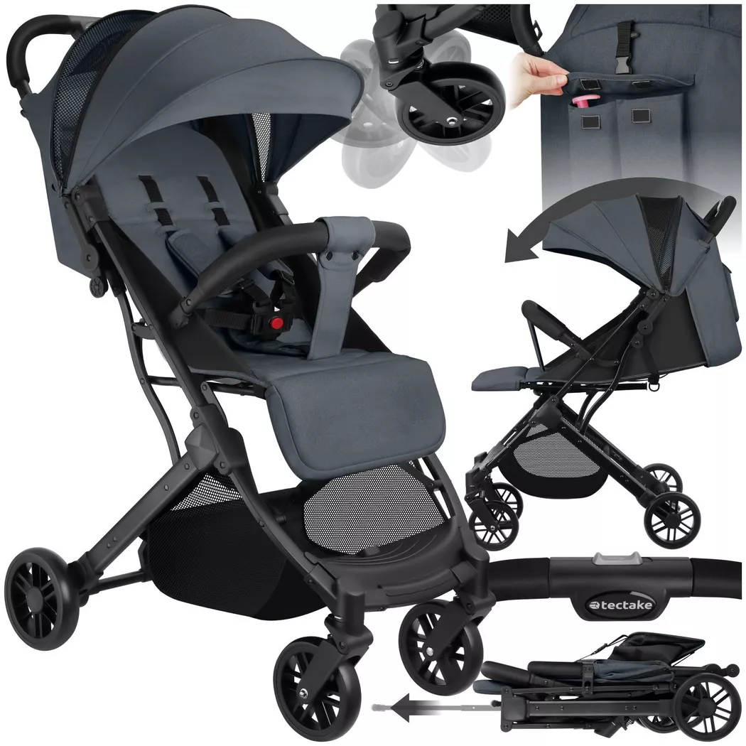 Tectake - Poussette buggy FINN pliage à une main avec harnais à 5 points, frein de stationnement et arceau de sécurité, Anthracite