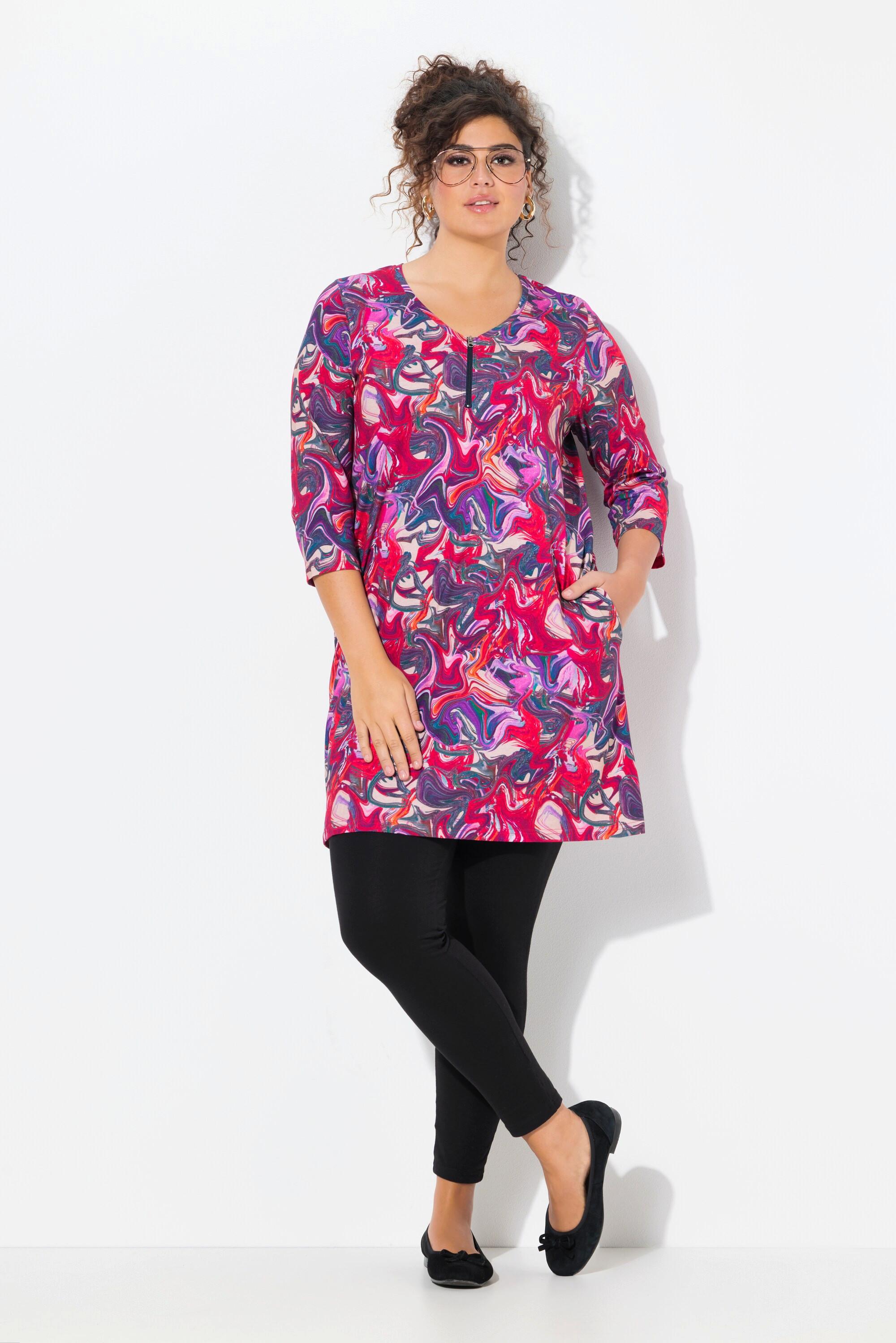 Ulla Popken  Longshirt, Batikmuster, Zipper, A-Linie, 3/4-Arm 