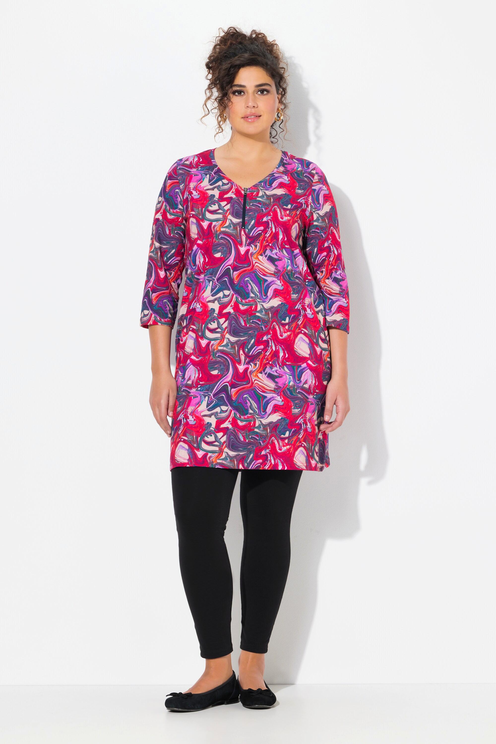 Ulla Popken  Longshirt, Batikmuster, Zipper, A-Linie, 3/4-Arm 