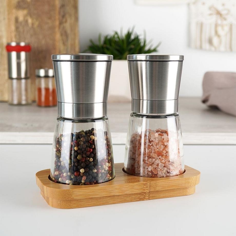 Orion  Gewürzmühlen-Set mit Bambusständer und Keramikwerk 