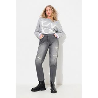 Ulla Popken  Boyfriend jeans con effetto sdrucito, elasticizzazione e cinque tasche 